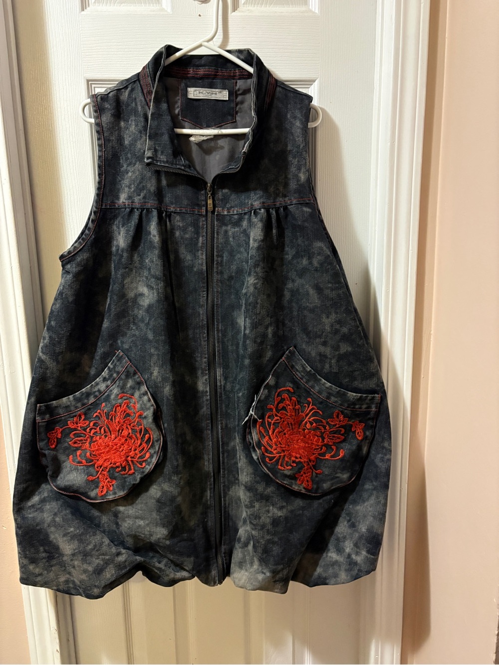 K.Y.H Fashion Acid Washed Black Denim Zip-Up Dress with Red Embroidered Pockets